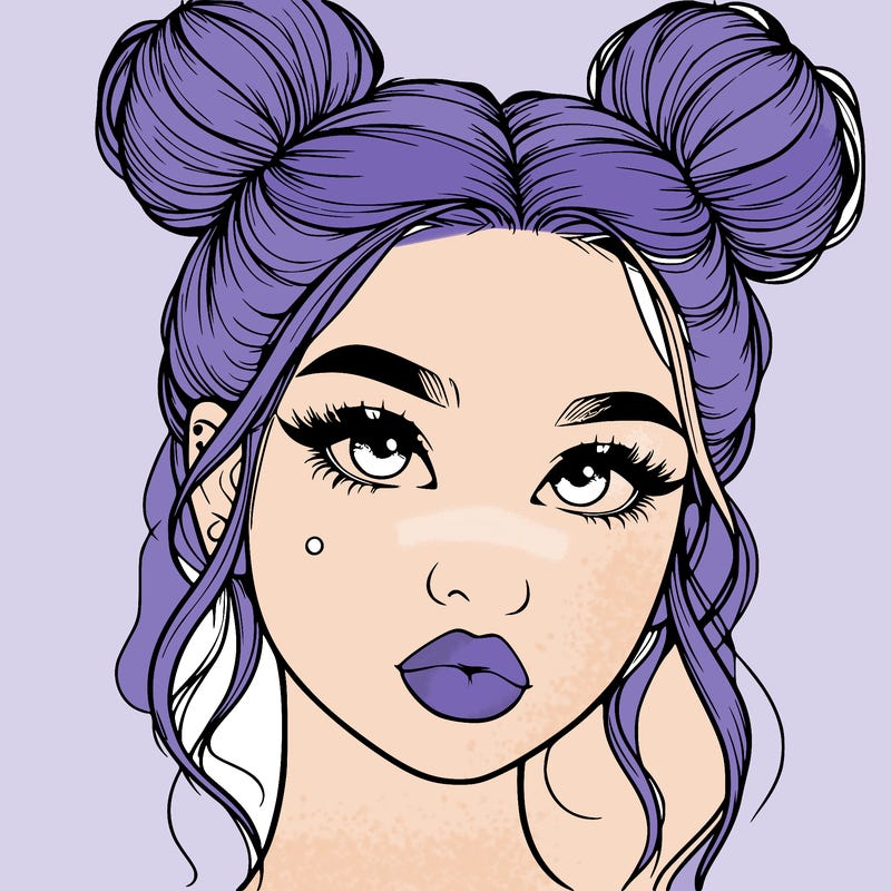 realistic girl with two buns on her hair and lips
