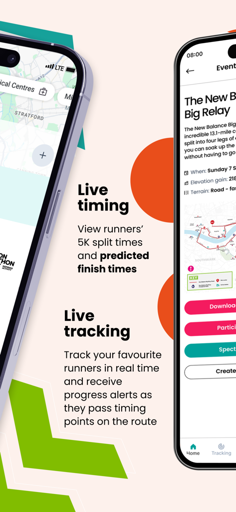 Mobile App-Oberfläche für The Big Half 2025, die Live-Läuferverfolgung und Zeitmessfunktionen anzeigt.