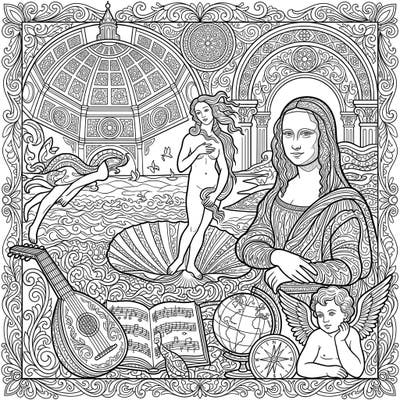 Immerse yourself in a fusion of classical beauty and intricate design with this Renaissance Art Zentangle coloring page. Featuring iconic masterpieces like the Mona Lisa and Birth of Venus, this template offers a meditative and creative coloring experience.