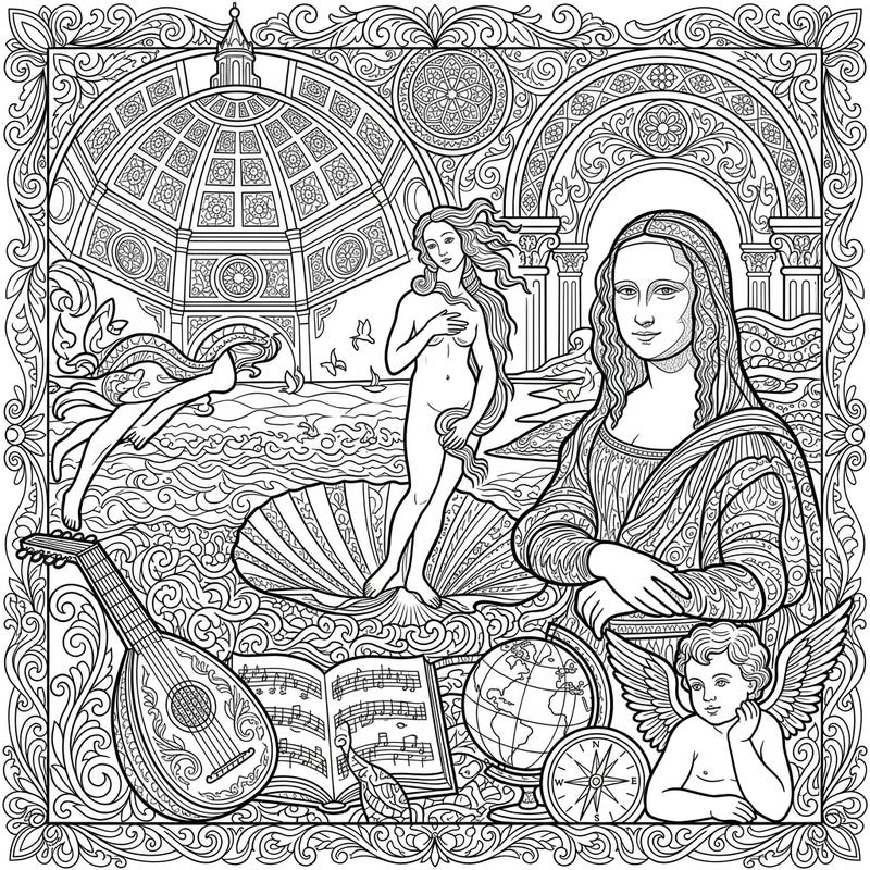 Immerse yourself in a fusion of classical beauty and intricate design with this Renaissance Art Zentangle coloring page. Featuring iconic masterpieces like the Mona Lisa and Birth of Venus, this template offers a meditative and creative coloring experience.