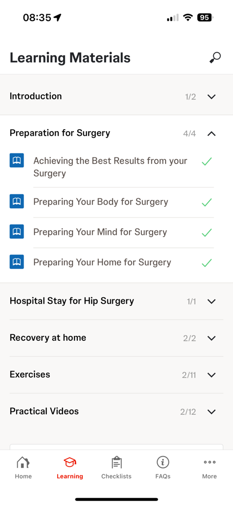Care4Today® Education - Screenshot of the learning materials section in the Care4Today Education app displaying surgical preparation topics