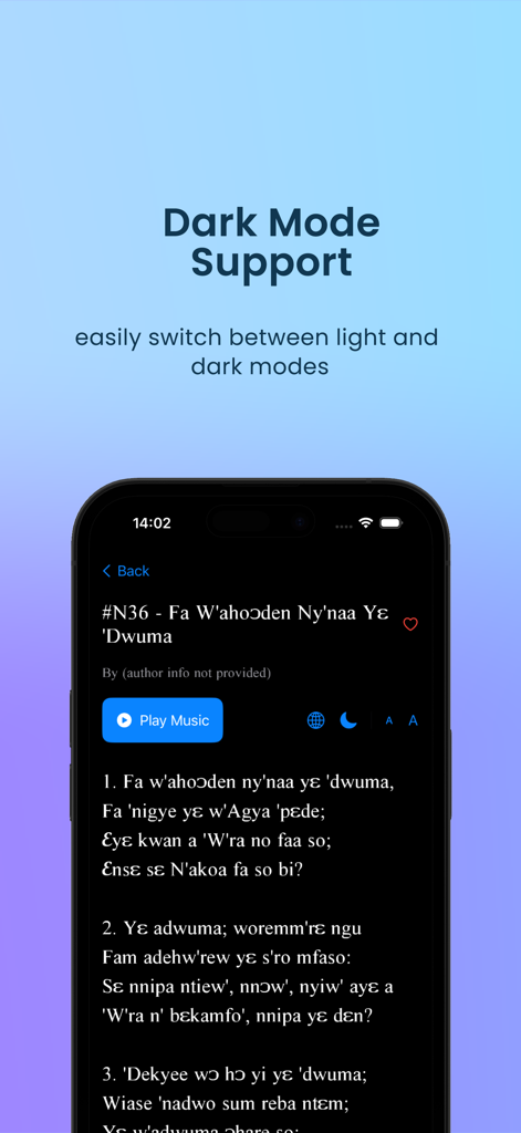 Twi SDA Hymnal - Twi SDA Hymnal app showing a hymn in dark mode on an iPhone screen