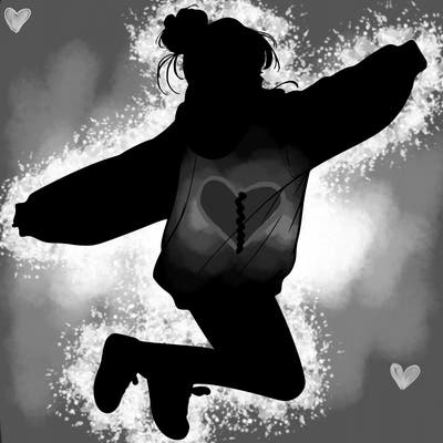 realistic girl jumping with a bun and oversized sweatshirt