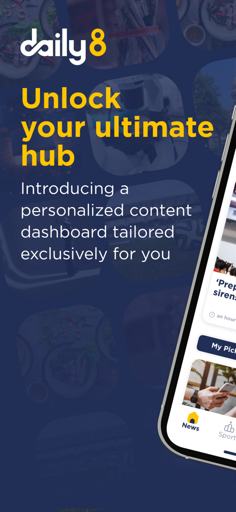 Daily8 app splash screen showing a personalized content dashboard for global news and podcasts.