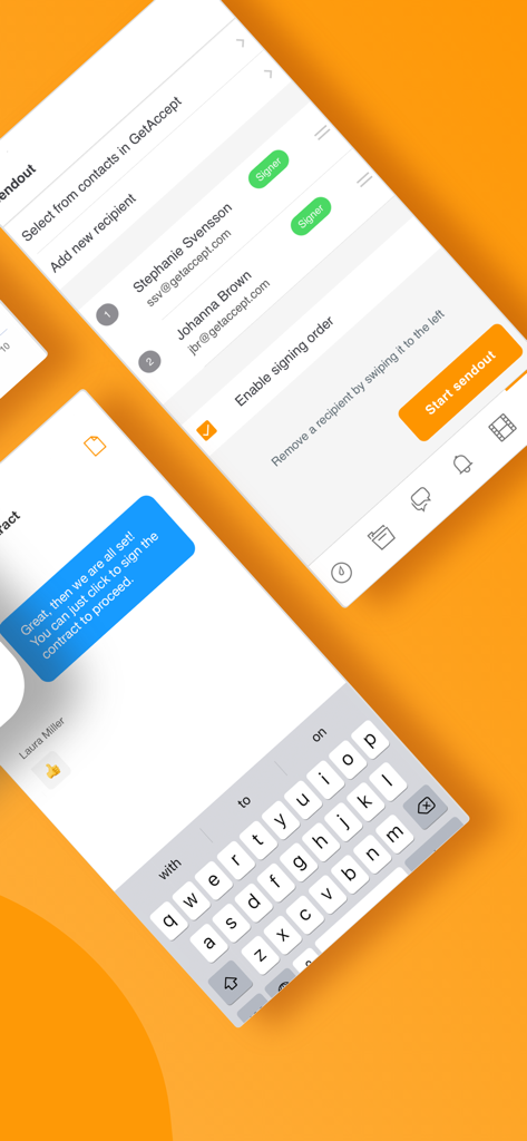 GetAccept - Mobile interface of GetAccept app for managing document recipients and negotiating deals via chat