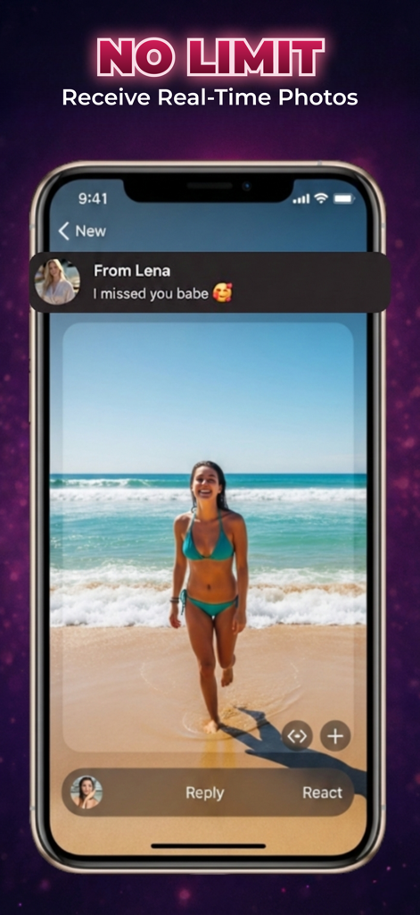 A screenshot of the AI Dating Blush app interface showing a real-time photo sent by an AI companion named Lena in a private chat.