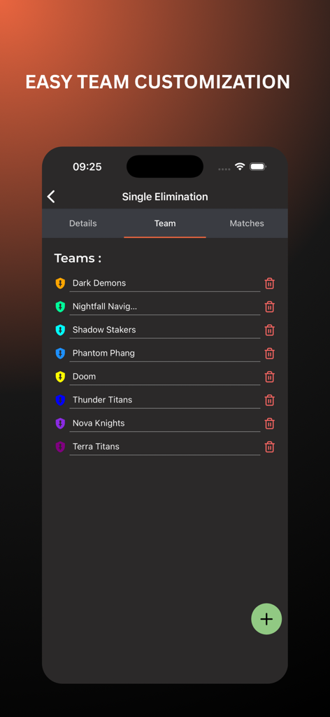 Bracket & Scheduler - Mobil-App-Oberfläche zur einfachen Verwaltung und Registrierung von Teams in einem Single Elimination-Turnier.