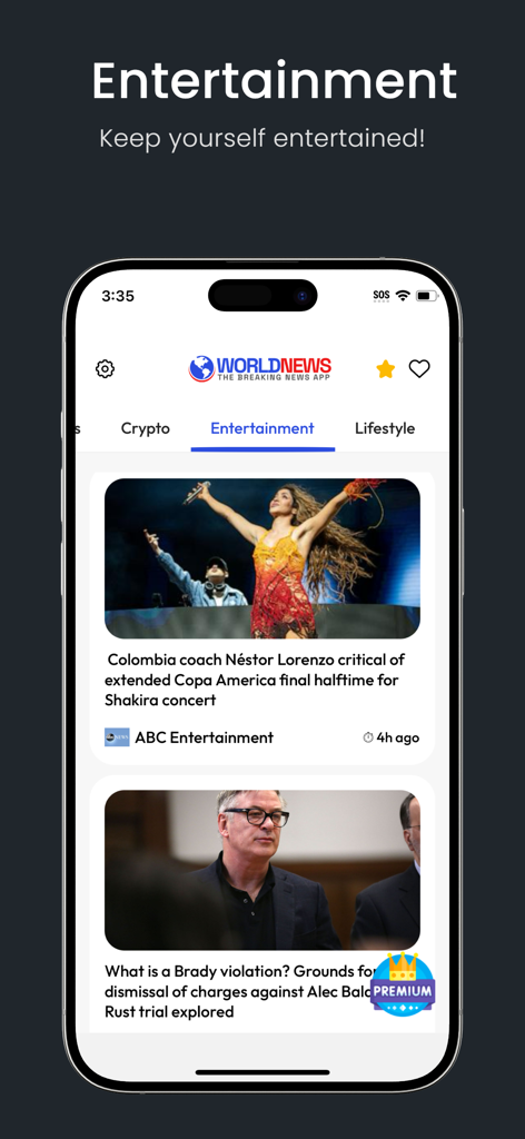 World News: Breaking News App - Interfaz de la aplicación Noticias Mundiales que muestra la categoría de entretenimiento con artículos de noticias de celebridades.
