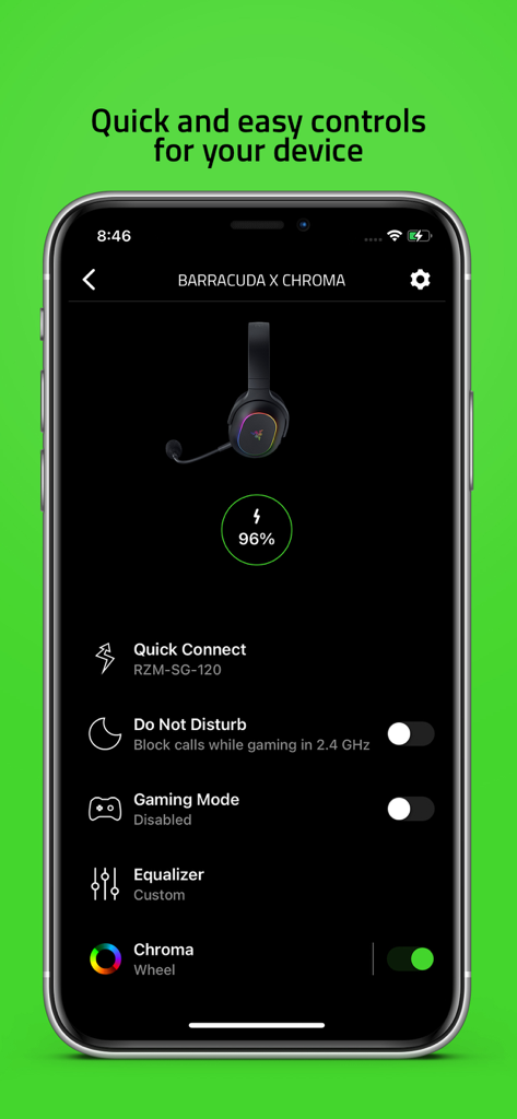 Mobile screen showing Razer Audio app settings for the Barracuda X Chroma headset with battery status and customization options