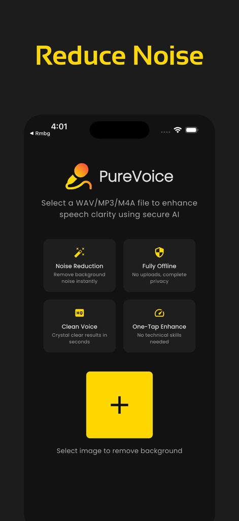 PureVoice mobile app interface showing offline AI noise reduction and one tap voice enhancement features