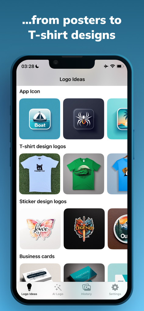 AI Logo Generator - Logo Maker - Interfaz de la app AI Logo Generator mostrando diversos ejemplos de branding para íconos de apps, camisetas y pegatinas