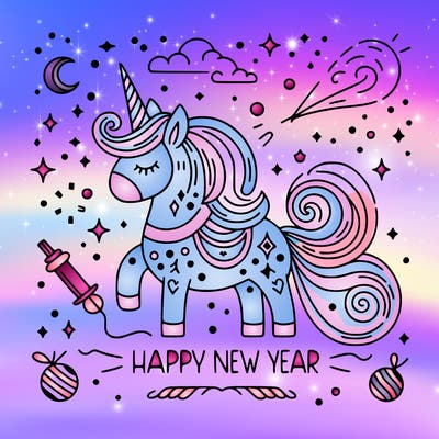 happy new year illustration calligraphic style outline; thin lines; light colors