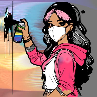 realistic girl with mask spray painting a wall