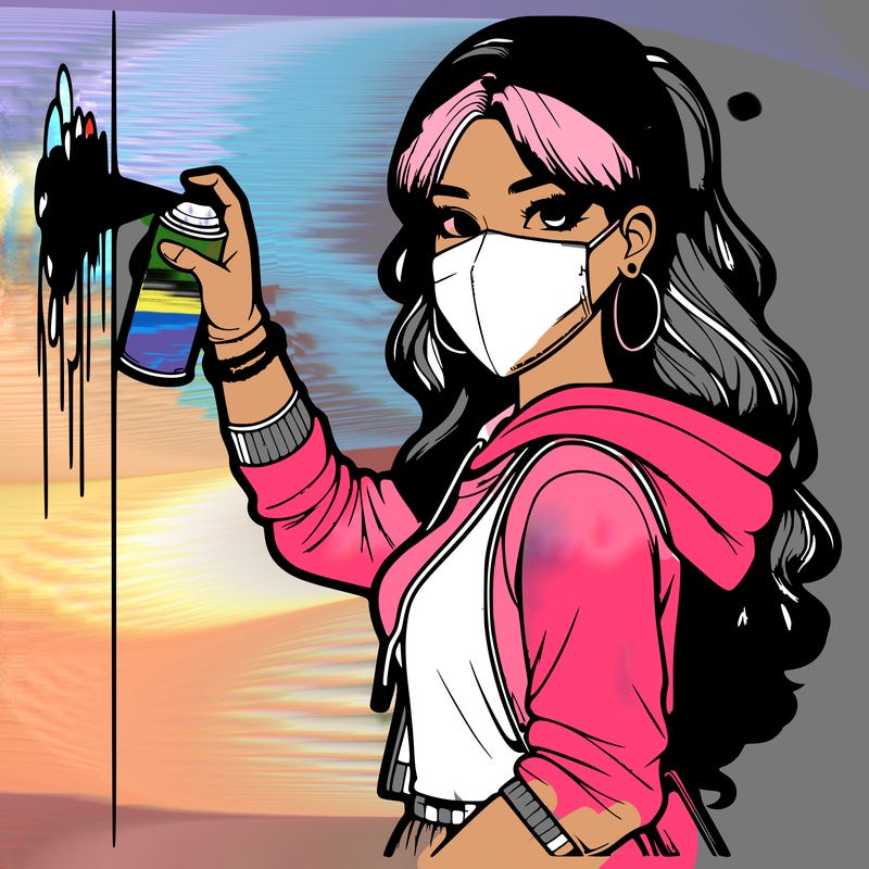 realistic girl with mask spray painting a wall
