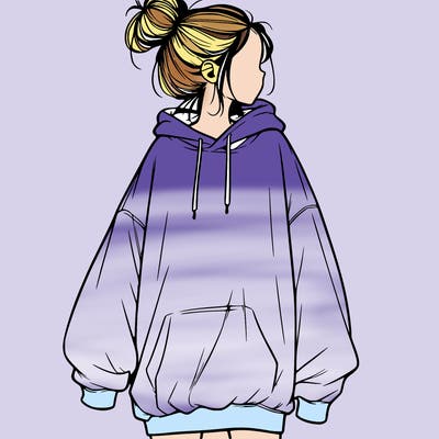 realistic girl with a oversized sweatshirt on and a bun