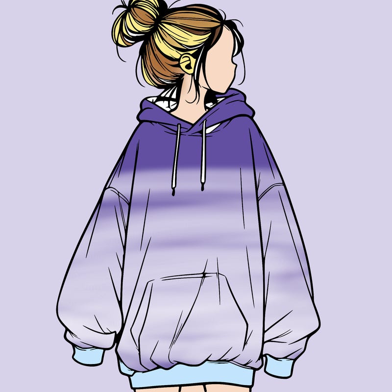 realistic girl with a oversized sweatshirt on and a bun