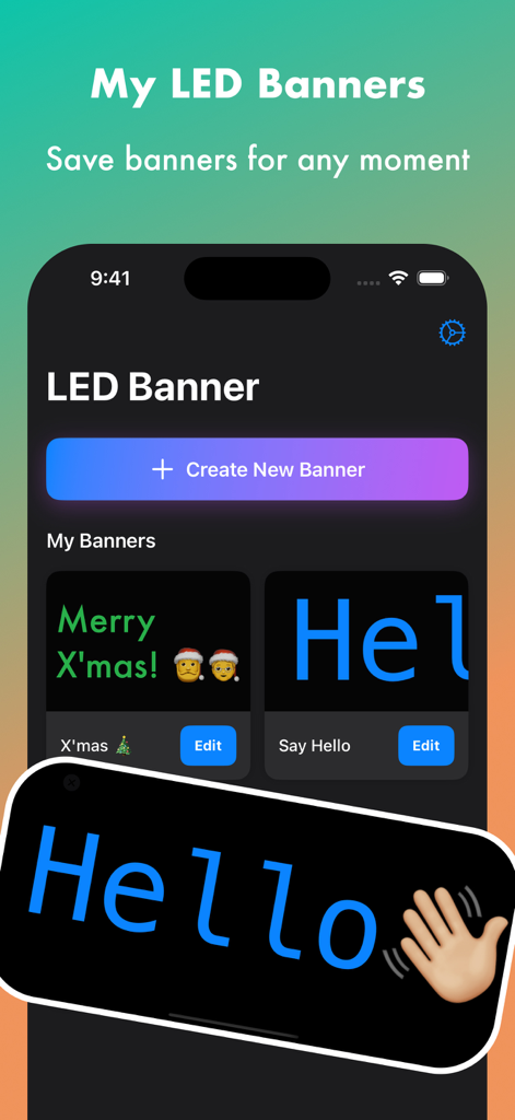 LED Banner • Marquee • Prompt - Interfaz de la app móvil LED Banner mostrando una lista de mensajes guardados y un botón para crear banner.