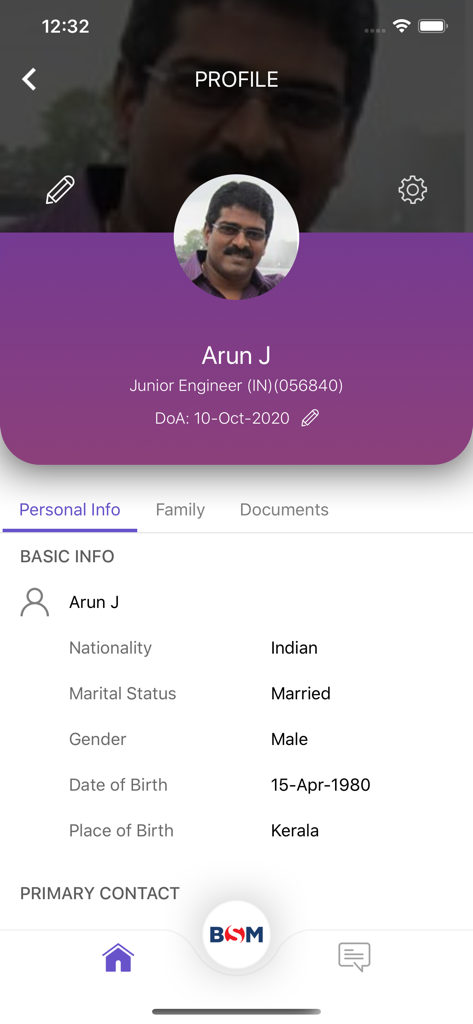 BSM Seafarer Portal app user profile page showing a seafarer's personal information and job title