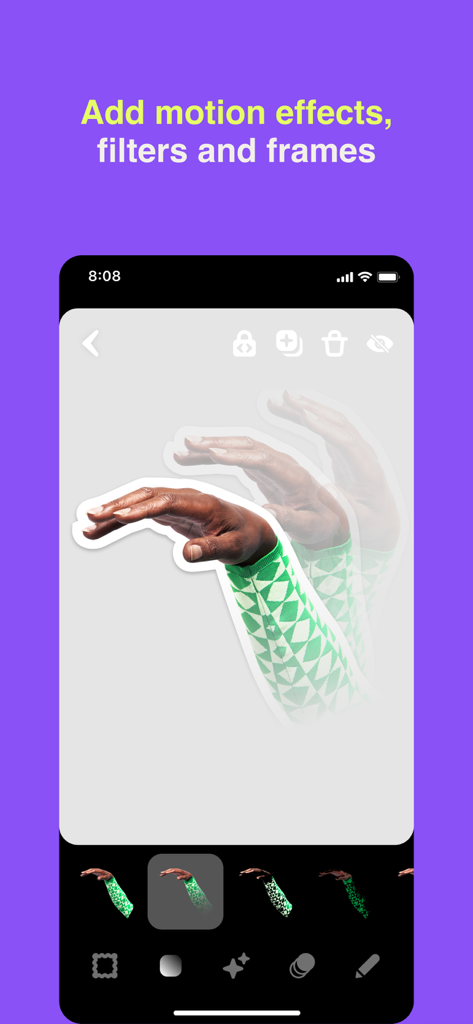 Eine mobile Benutzeroberfläche, die Motion-Effekte und Animation zeigt, die auf ein digitales Collage-Element angewendet werden