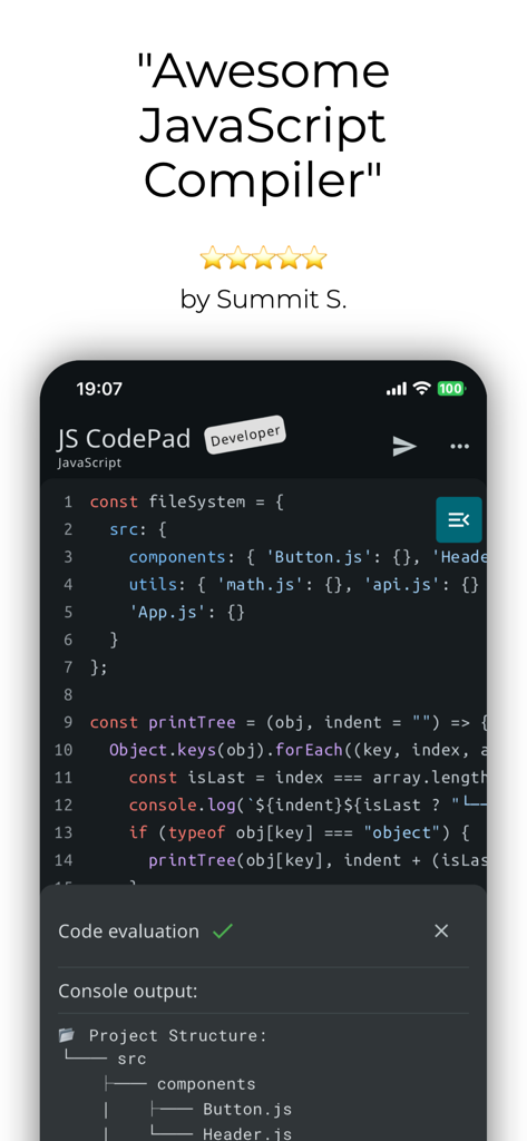 JavaScript Coding Editor & IDE - Interface de l'application mobile JavaScript CodePad avec éditeur de code et un avis cinq étoiles
