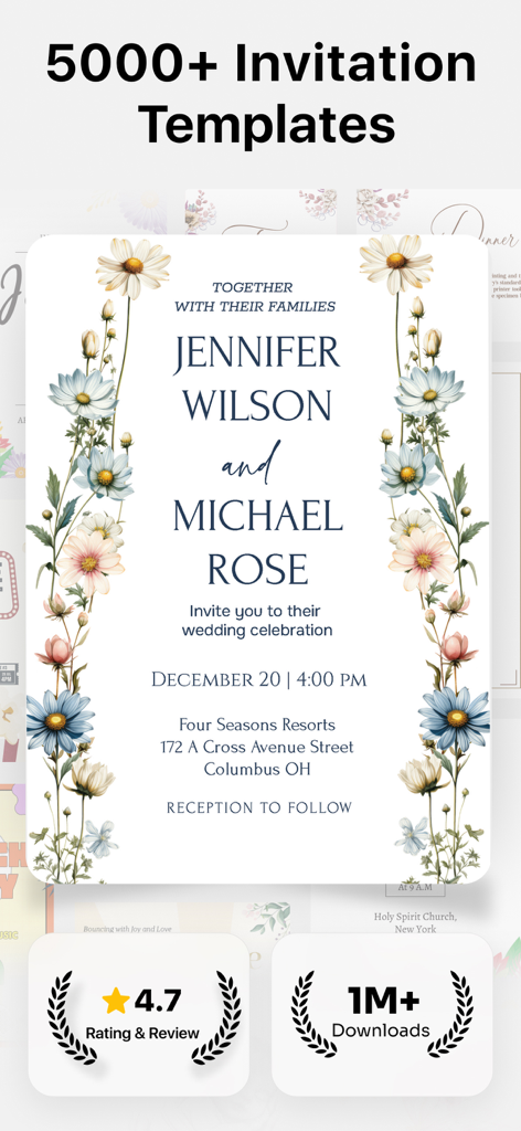 Invitation Card Maker . RSVP - Elegant floral wedding invitation template showing customization options and high user ratings