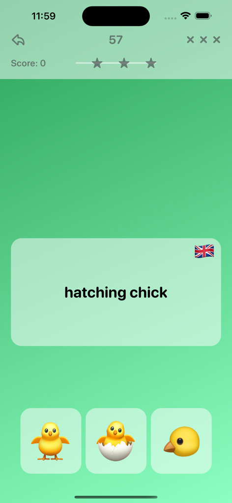 New Emoji Quiz Game - Puzzle - A screenshot of the Emoji Quiz Game Puzzle showing a hatching chick word prompt and choice of three chick emojis