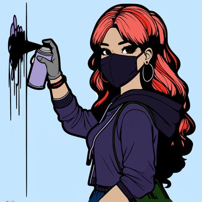 realistic girl with mask spray painting a wall