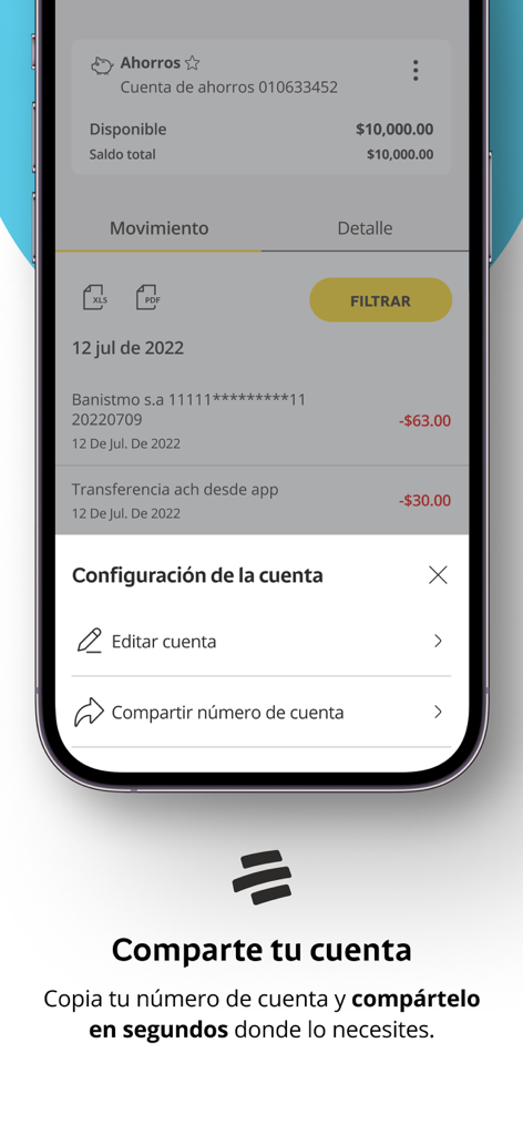 Banistmo APP Personas - Interfaz de la aplicación de banca móvil Banistmo mostrando una pantalla de cuenta de ahorros con la opción de compartir el número de cuenta
