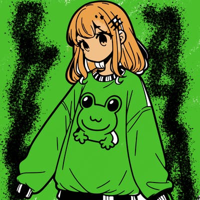 girl wearing frogging sweatshirt