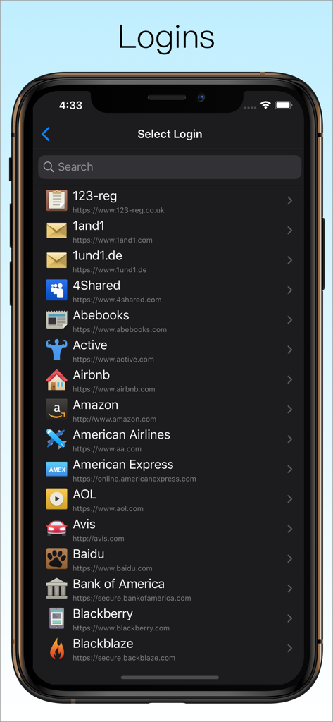 Password Manager Data Vault - List of website logins in the DataVault Password Manager app showing various account icons and URLs