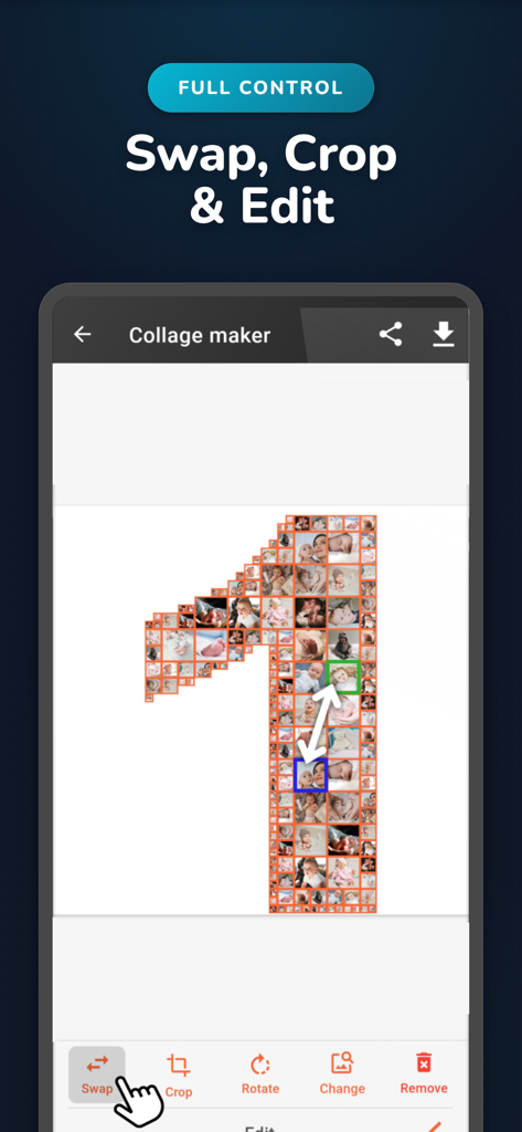 Phinsh Photo Collage Maker - Phinsh app screen showing a number one shaped photo collage with editing tools like swap and crop