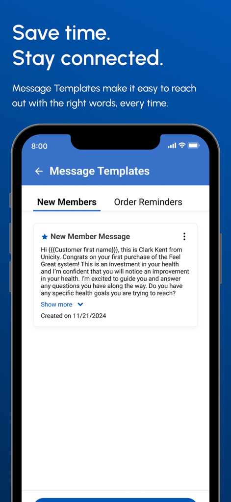 Unicity Go app interface showing message templates for new members and order reminders
