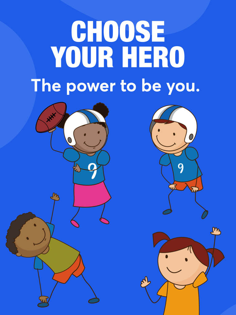 Fluent AAC: Communication App - Four cartoon illustrations of diverse children with the text Choose Your Hero and The power to be you