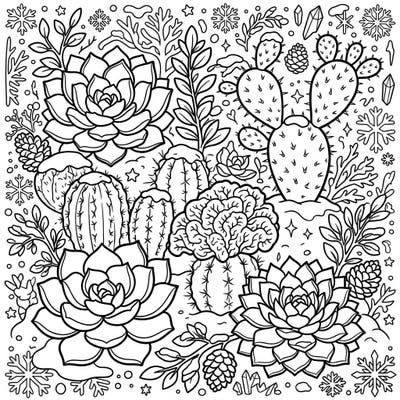 Embrace the unexpected beauty of a winter desert with this charming coloring page featuring a delightful mix of succulents and cacti. Adorned with delicate snow and icy details, it offers a unique and relaxing artistic escape for all ages.