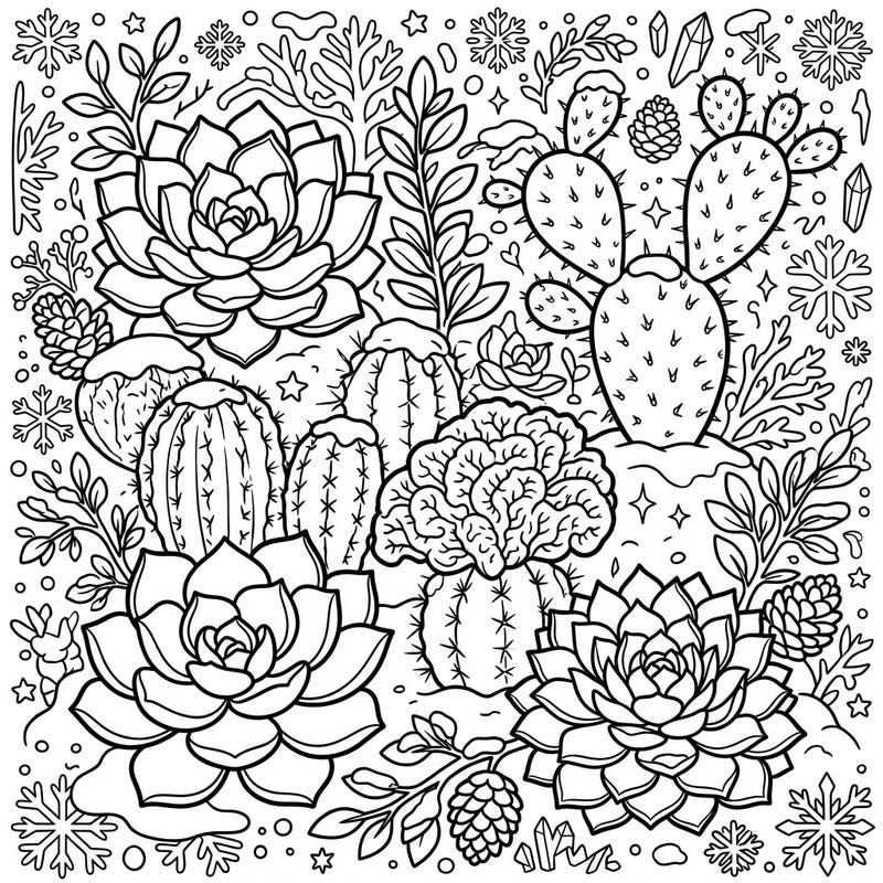 Embrace the unexpected beauty of a winter desert with this charming coloring page featuring a delightful mix of succulents and cacti. Adorned with delicate snow and icy details, it offers a unique and relaxing artistic escape for all ages.