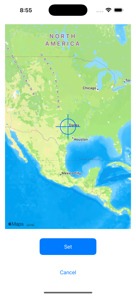FahrenCelsi - FahrenCelsi app interface showing a map of North America with a location selector over Dallas and buttons to set or cancel.