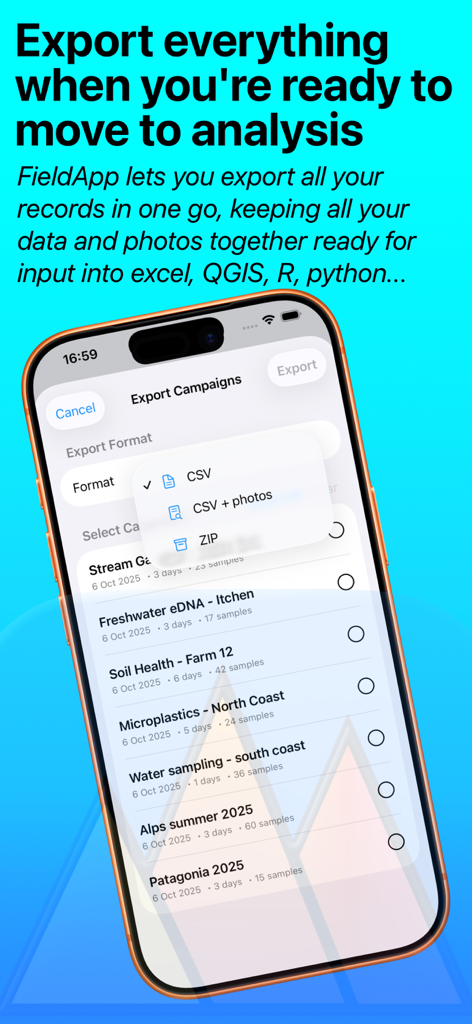 Interface of FieldApp Notebook showing data export options for fieldwork campaigns into CSV and ZIP formats