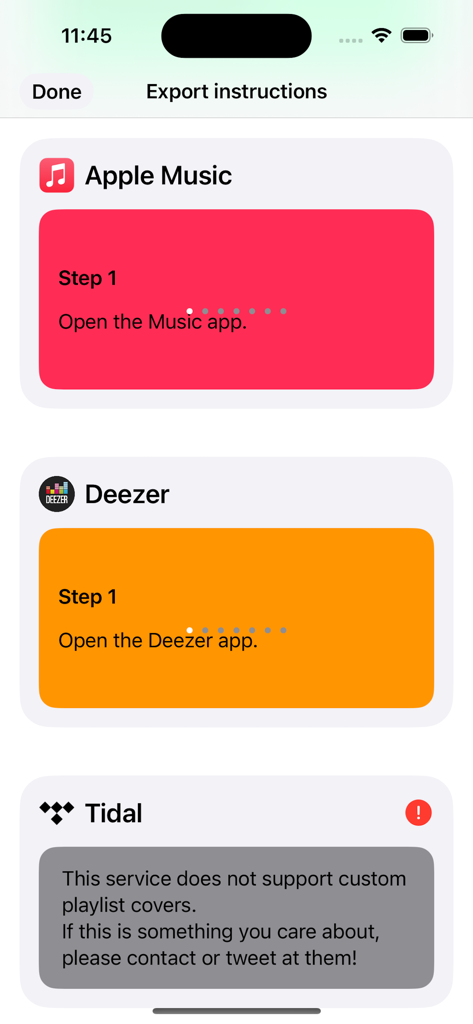 Covers Maker & Design Pro Art - Screenshot showing step-by-step export instructions for uploading covers to Apple Music and Deezer within the app.