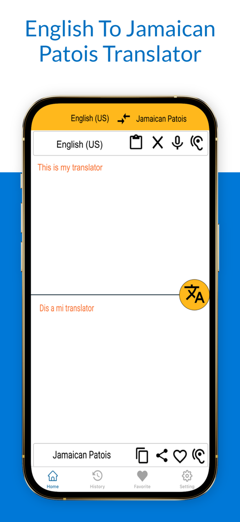 English Jamaican Patois Trans - Mobile app interface showing translation from English to Jamaican Patois