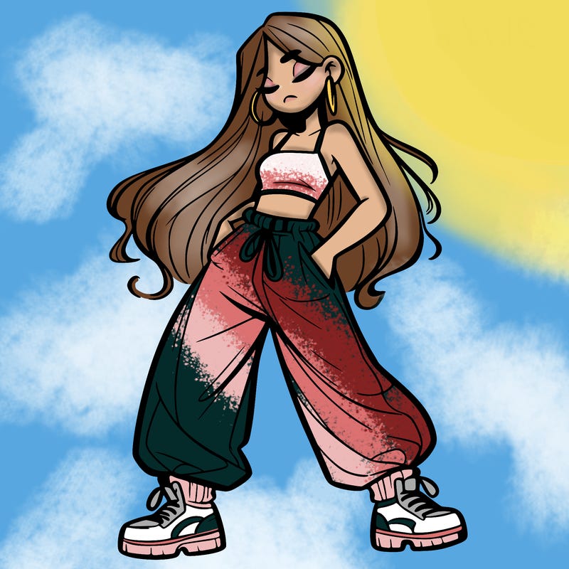 girl in baggy pants crop top and long hair