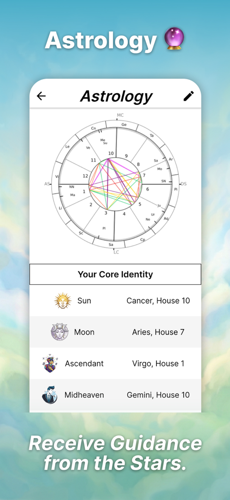 New Earth App: Higher Self AI - Captura de pantalla de la App New Earth mostrando un gráfico natal de astrología personalizado con las ubicaciones planetarias de identidad central.