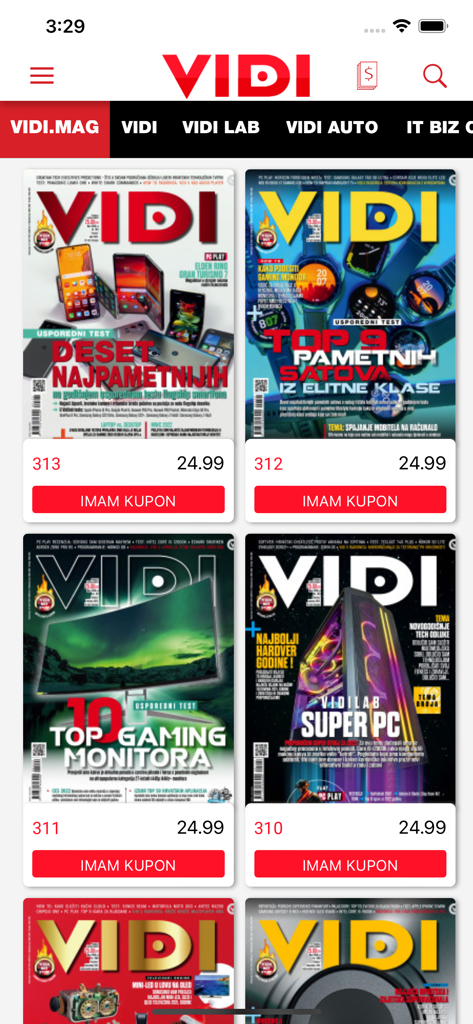 Vidi časopis - Interface of the Vidi digital ICT magazine app displaying various covers for hardware and tech reviews