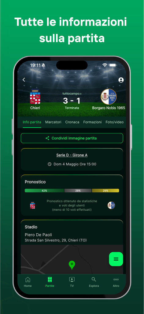 Tuttocampo mobile app interface showing Italian soccer match details including score, predictions, and stadium map