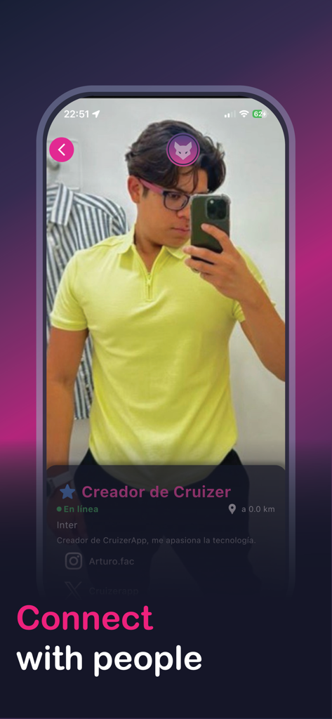 Cruizer - A user profile screen on the Cruizer social network app with the text Connect with people