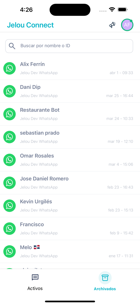 Jelou Connect - Jelou Connect mobile app interface showing a list of active customer messages and contact names