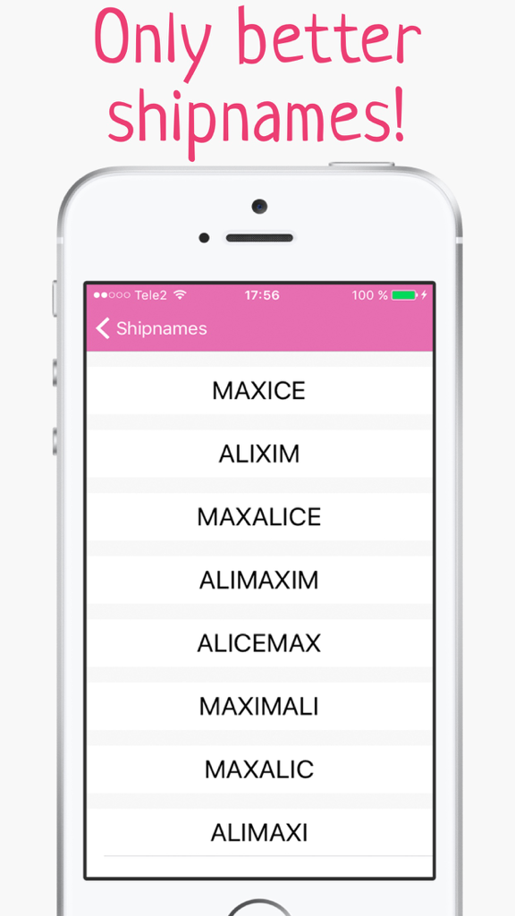 A list of generated couple ship names displayed in a mobile app