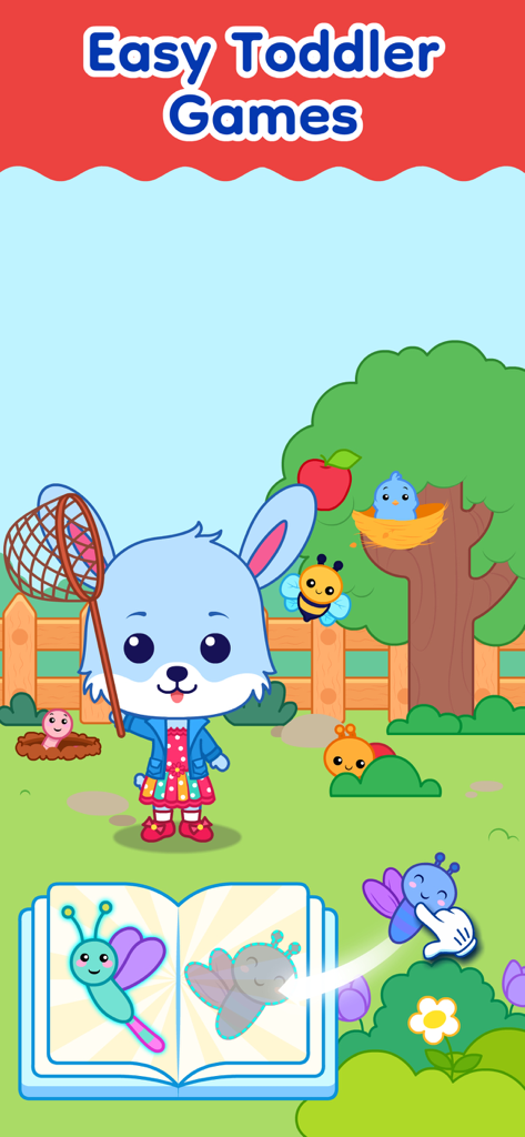 Un personaggio coniglio blu in un parco con un'attività di abbinamento farfalle in un libro aperto per bambini