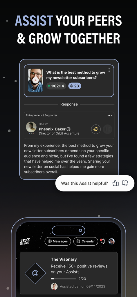 Skys The Limit app interface showing a professional mentor giving business advice and a progress tracker for peer assistance reviews
