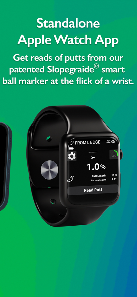 Slopegraide - SlopegraideスタンドアロンApple Watchアプリ。ゴルフパットの傾斜データとバックスローク長が表示されています。