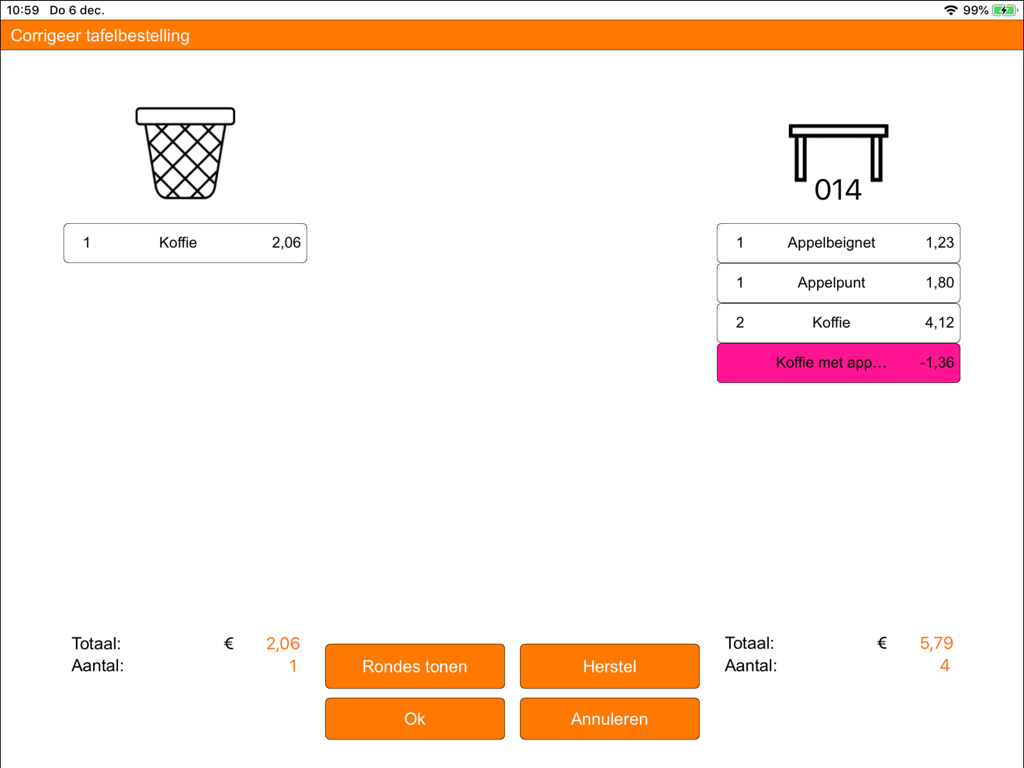 Tela do iPad mostrando a interface de correção de pedidos de mesa do Cash-it POS para uma padaria
